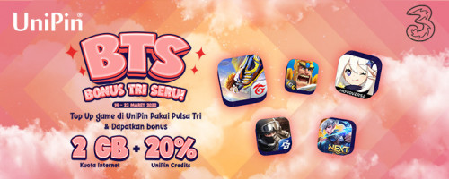 BTS (Bonus Tri Seru) – Top Up Pakai Pulsa Tri, Bonus Kuota Internet & UniPin Credits Menanti!